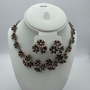 Vintage Necklace Matching Set Earrings Brown White Clear  Crystal